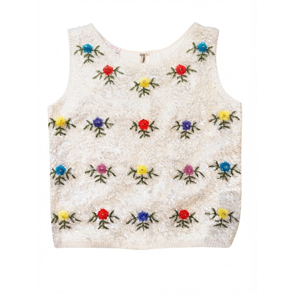 Vintage 60s Stephen Chu Beaded Sequin Lamb's Wool Floral Ivory Vest